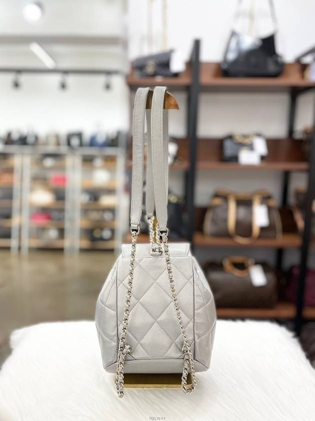 Daol Merchant Store 22 Season Calfskin Flap Backpack Silver 31st Unit AS2398 Status A Chanel