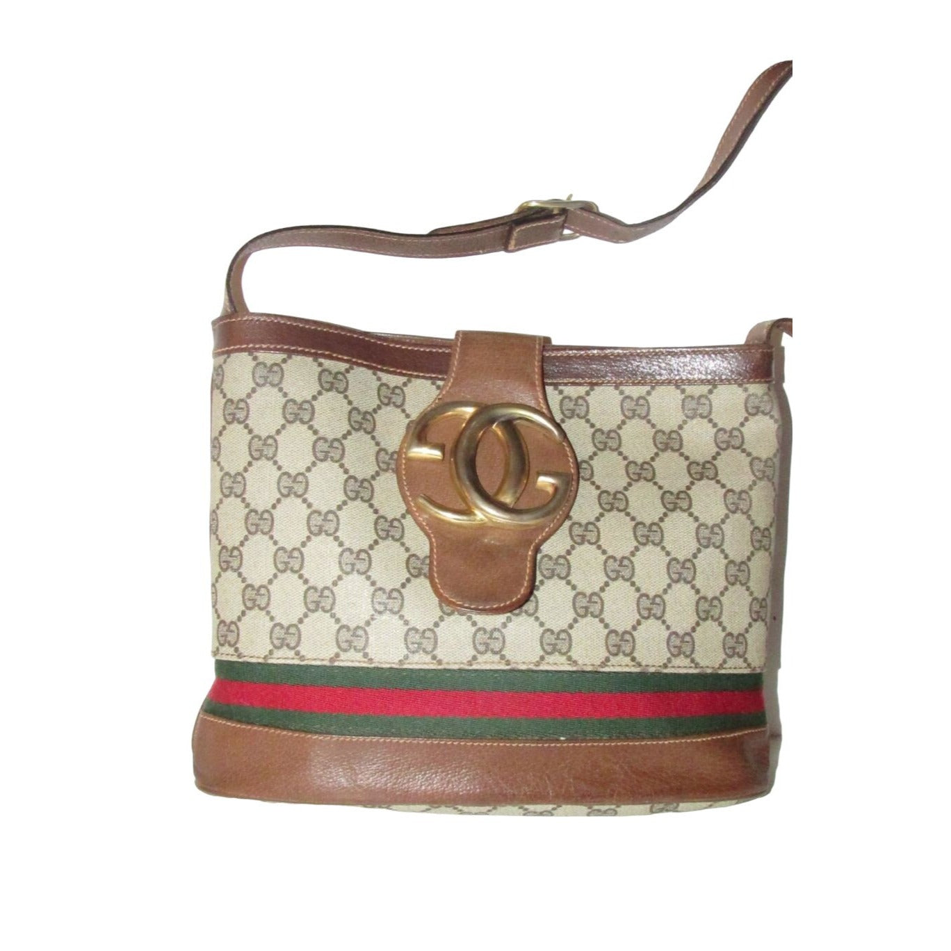RARE, Gucci, brown Guccissima print canvas & leather, bucket bag with an XL bold gold 'GG' & red & green stripe
