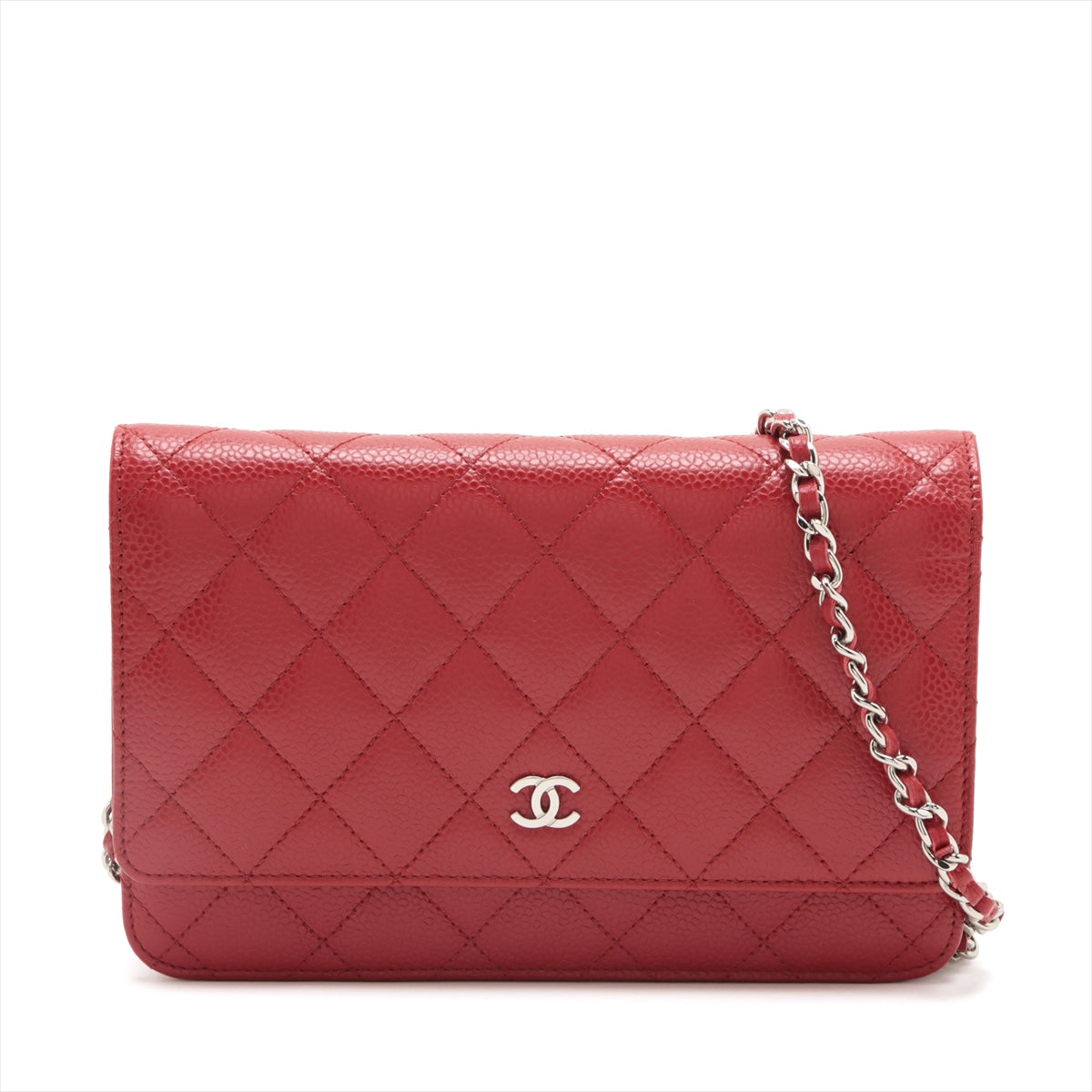 Chanel Caviar S Chain Wallet Red Silver G