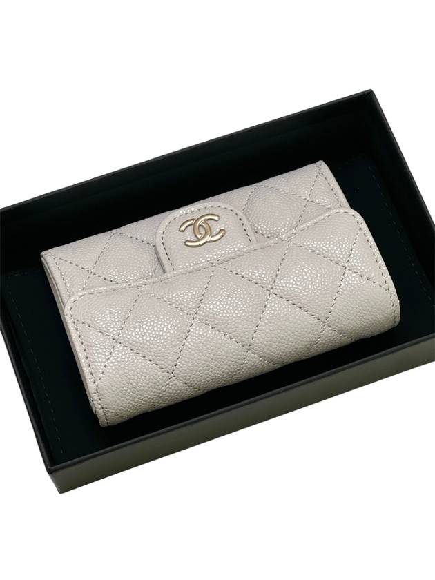 Classic Gold Logo Grained Shiny Calfskin Card Wallet Light Grey Chanel
