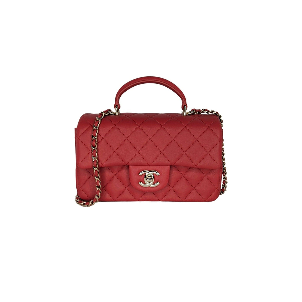 Chanel Red Lambskin Mini Rectangular Top Handle Flap