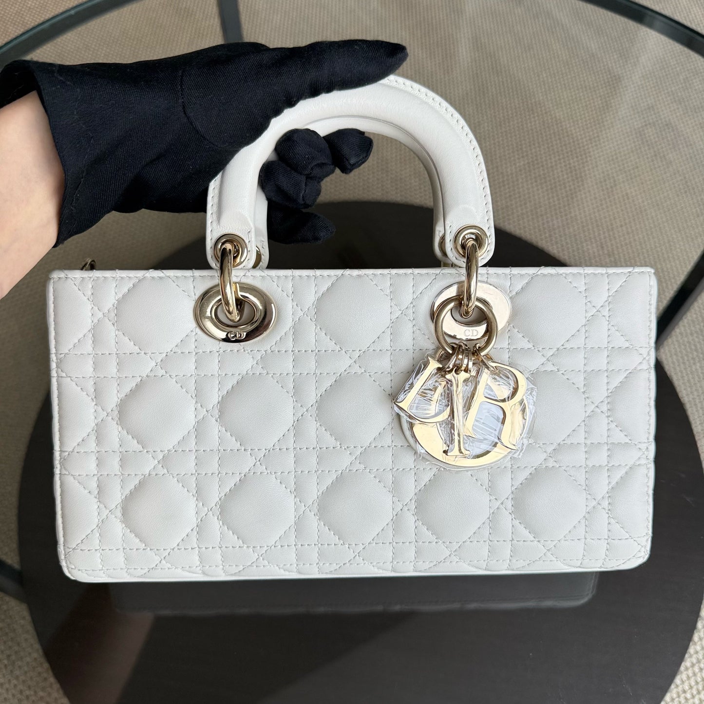 Dior D-joy Medium - Cannage Lambskin White Gold Hardware