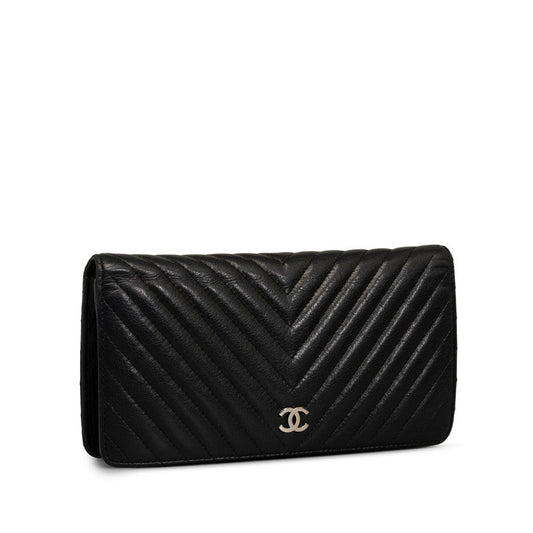 Chanel Chevron Cocomark V titch Long Wallet Black Silver   CHANEL