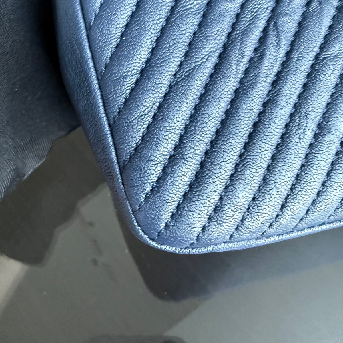 Chanel Seasonal Flap Herringbone - 23CM Calfskin Chevron Blue Distressed Aged Gold Hardware Series 21