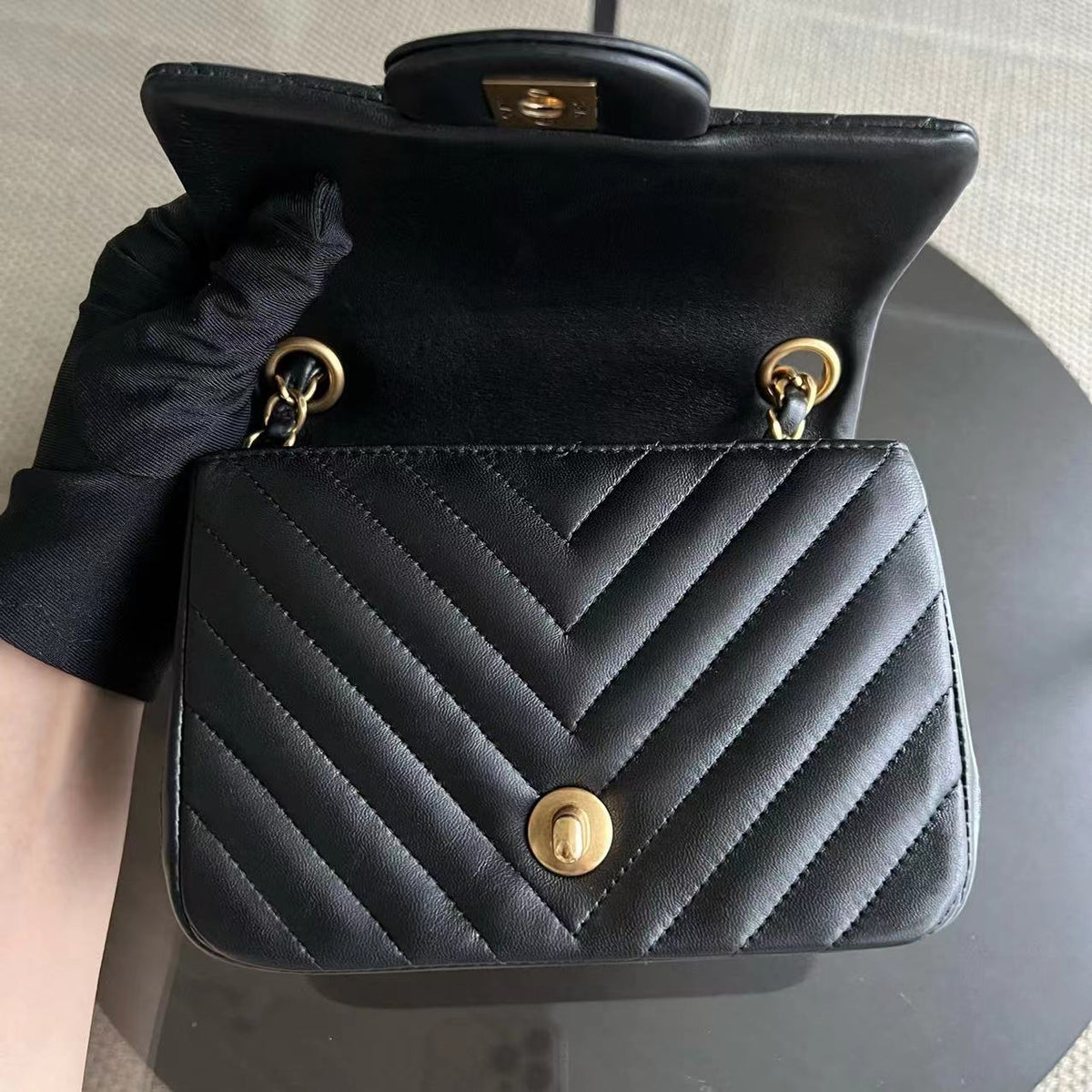 Mini Square Classic Flap Chevron Black Golden Hardware Series 21