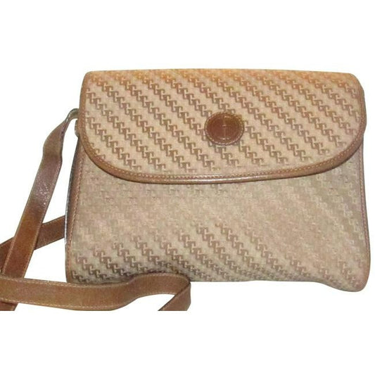 Gucci Vintage Dark Khaki Square G Logo Print Canvas And Camel Leather Cross Body