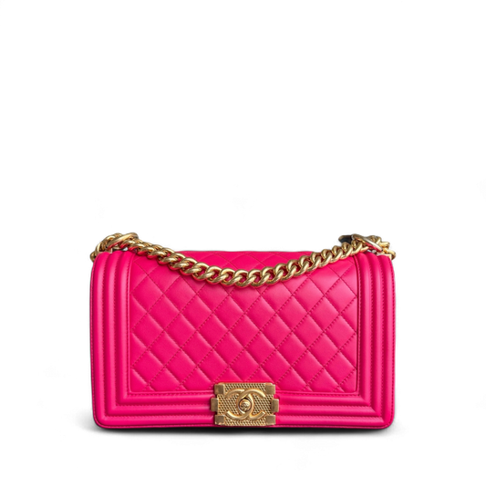 Chanel Boy Medium - 25CM Quilted Lambskin Hot Pink Gold Hardware Series 23