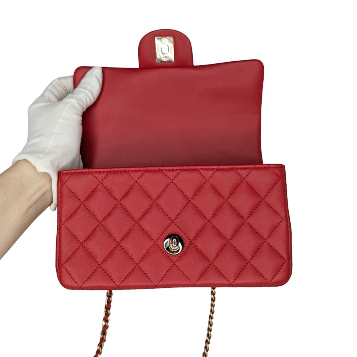 Chanel Red Lambskin Mini Rectangular Top Handle Flap