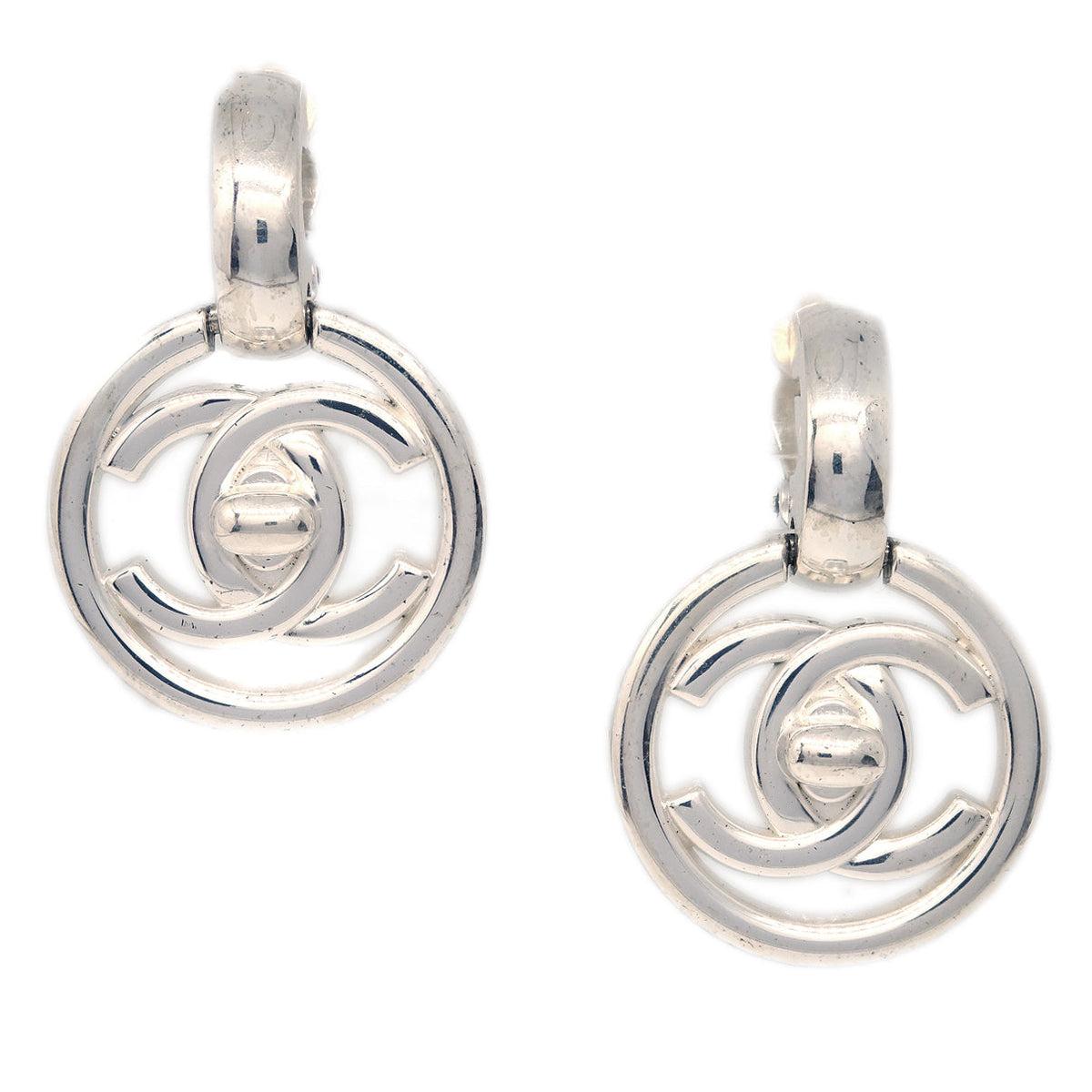 Chanel Turnlock Dangle Earrings Clip-On Silver 97P
