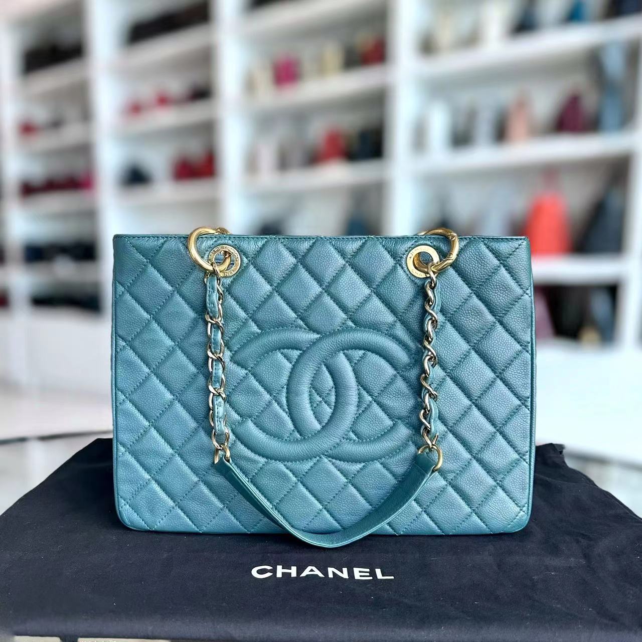 Balance 1 of Caviar GST Grand Shopping Tote Quilted Grained Calfskin Green Blue Malachite Silver Hardware Series 14