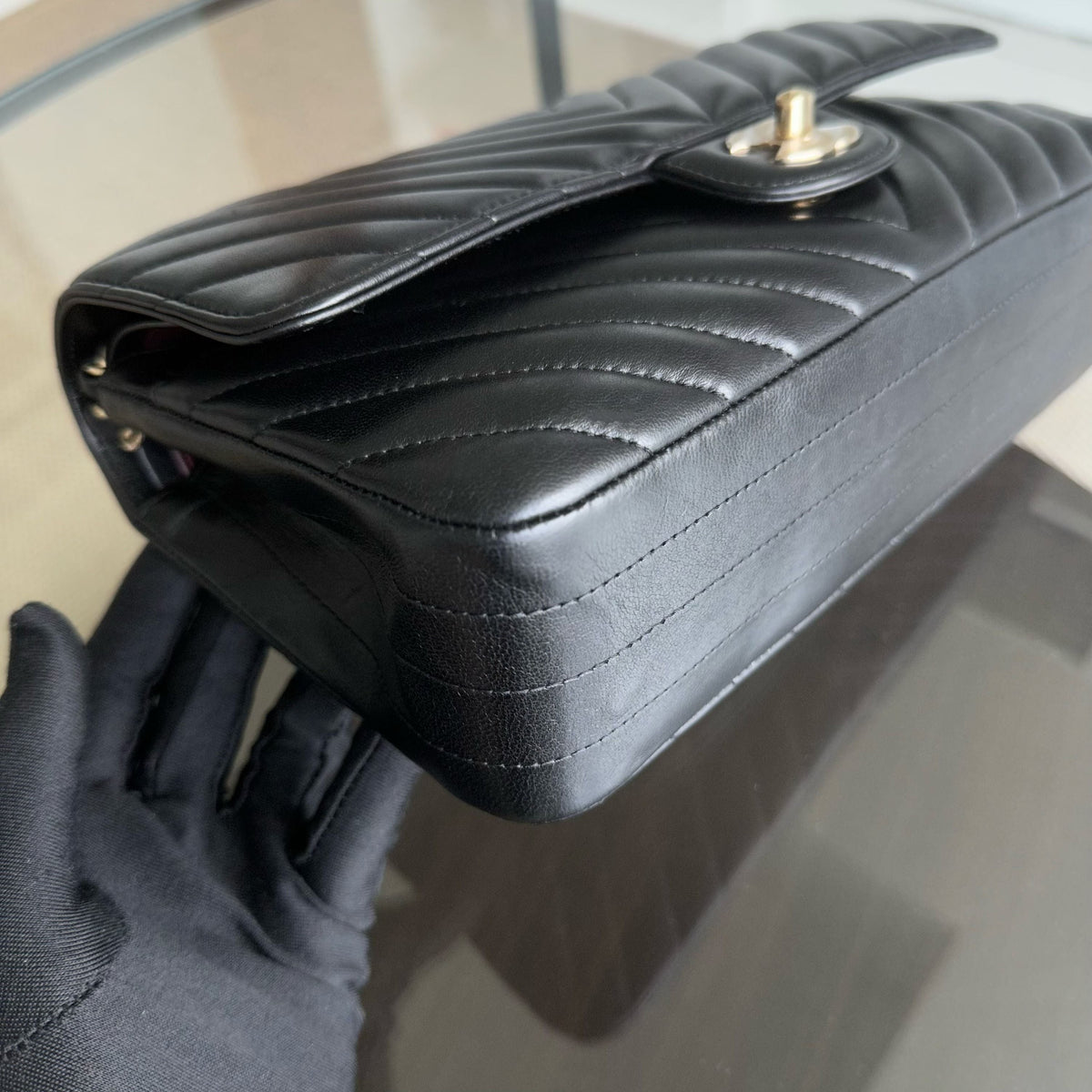 Balance 1 of Medium Double Flap 25CM Chevron Lambskin Black GHW No 24