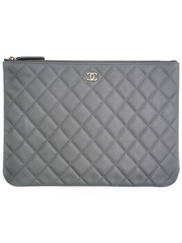 Classic Gold Hardware Logo Medium Caviar Clutch Bag Grey Chanel