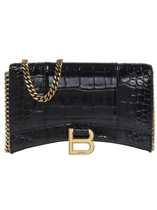 Luxury Balenciaga  Hourglass Chain Crocodile Embossed Calfskin Medium Wallet Black