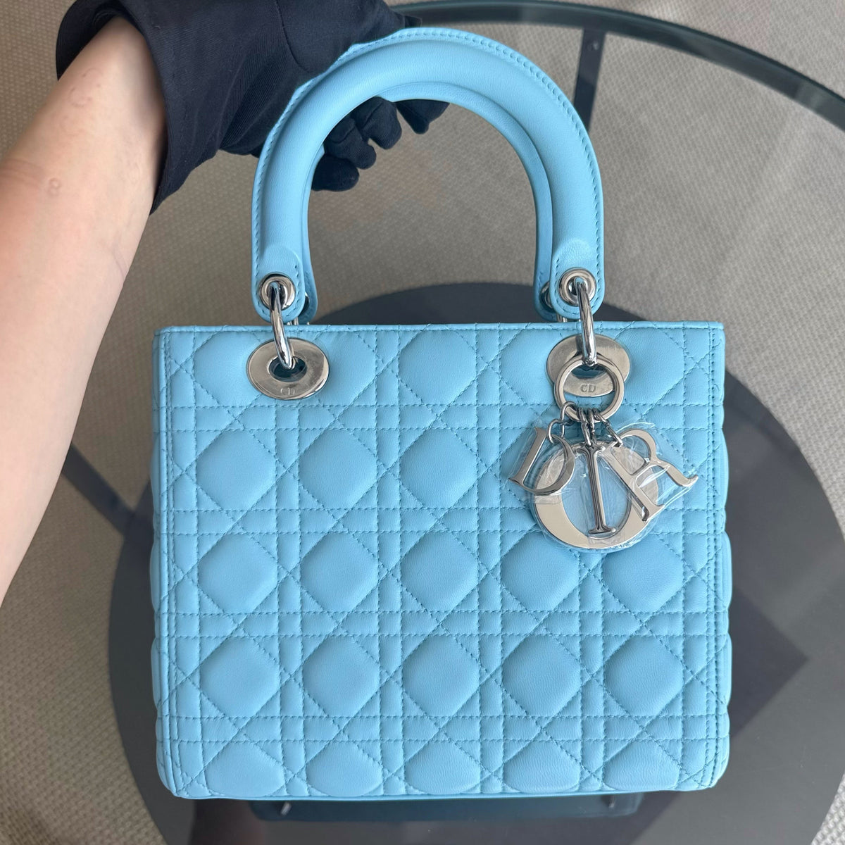 Dior Lady Medium - Cannage Lambskin Light Baby Blue Silver Hardware