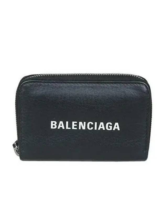 Luxury Balenciaga  505049 White Logo Black Leather Zipper Card Wallet
