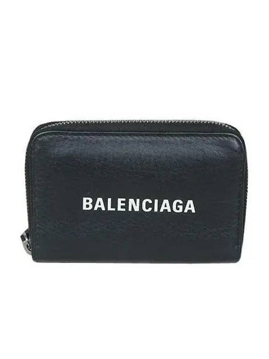 Luxury Balenciaga  505049 White Logo Black Leather Zipper Card Wallet