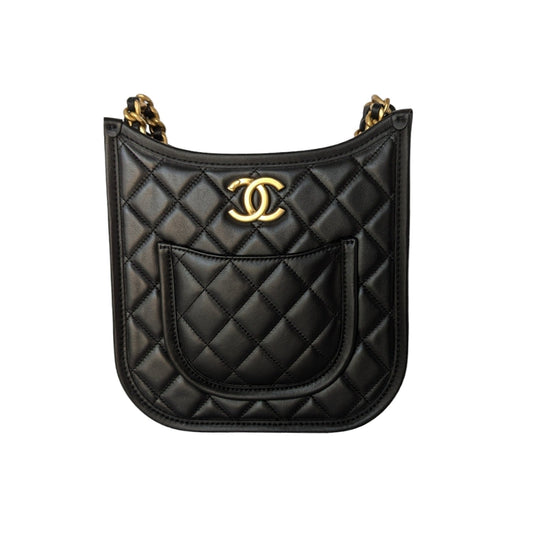 Chanel 2024 Black Calfskin Quilted CC Crossbody Hobo Handbag