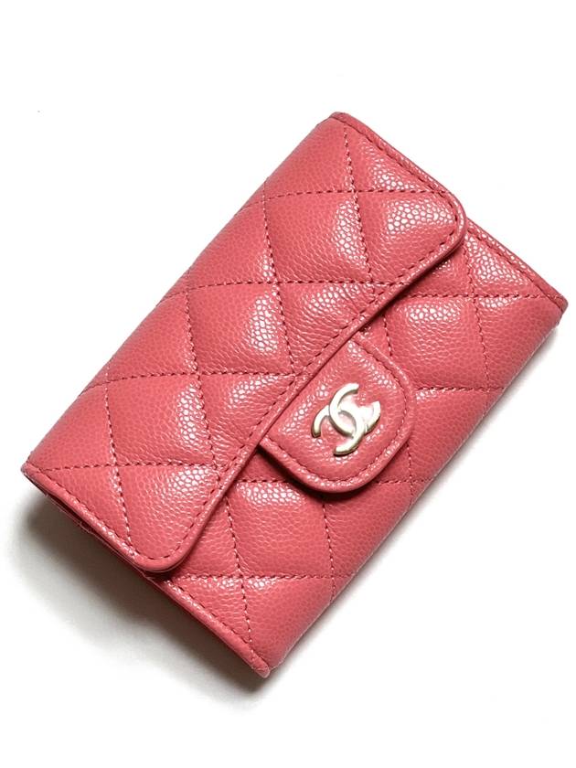 Classic Gold Logo Grained Shiny Calfskin Card Wallet Pink Chanel