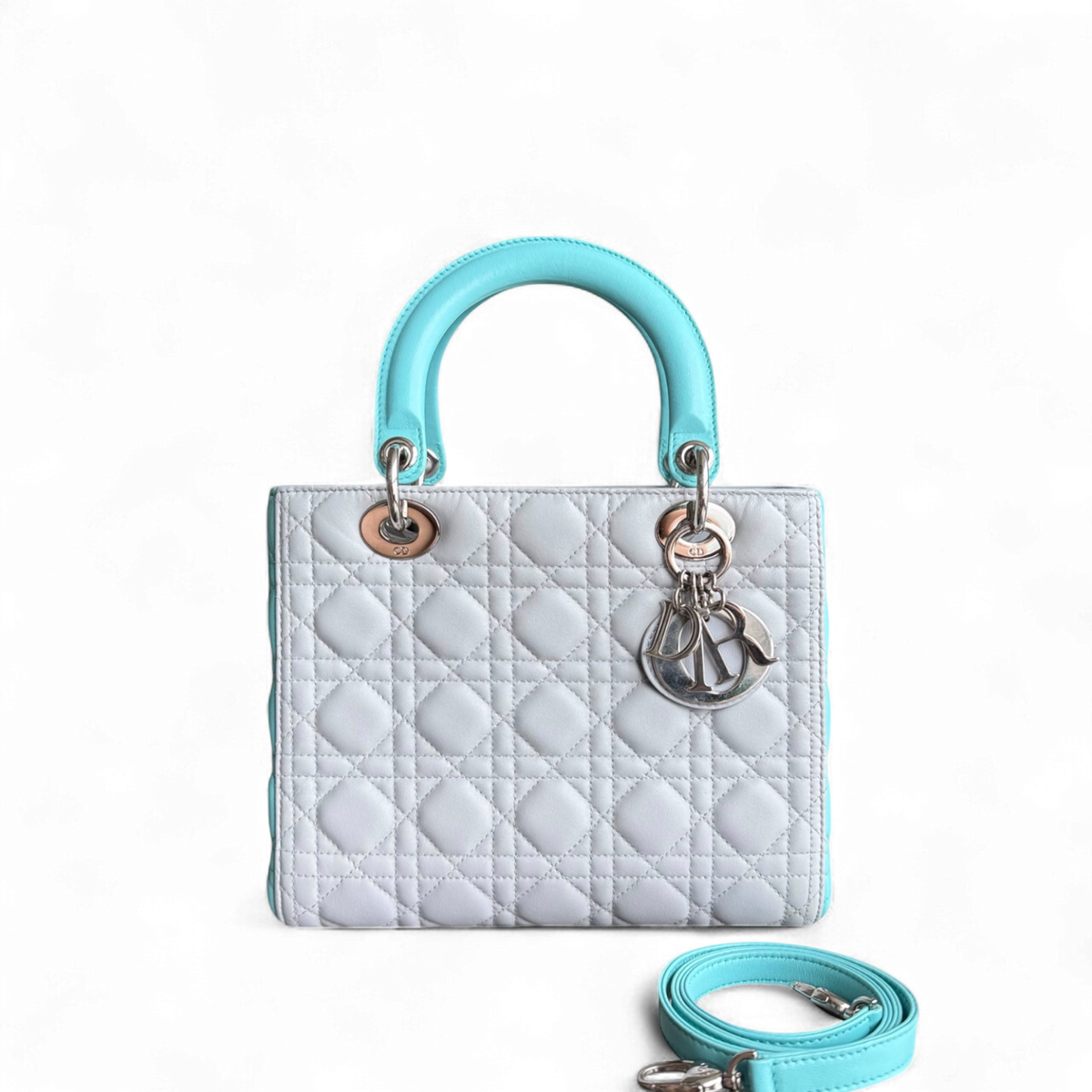 Dior Lady Medium - Cannage Lambskin Bi-Color Cyan Grey Gray Silver Hardware