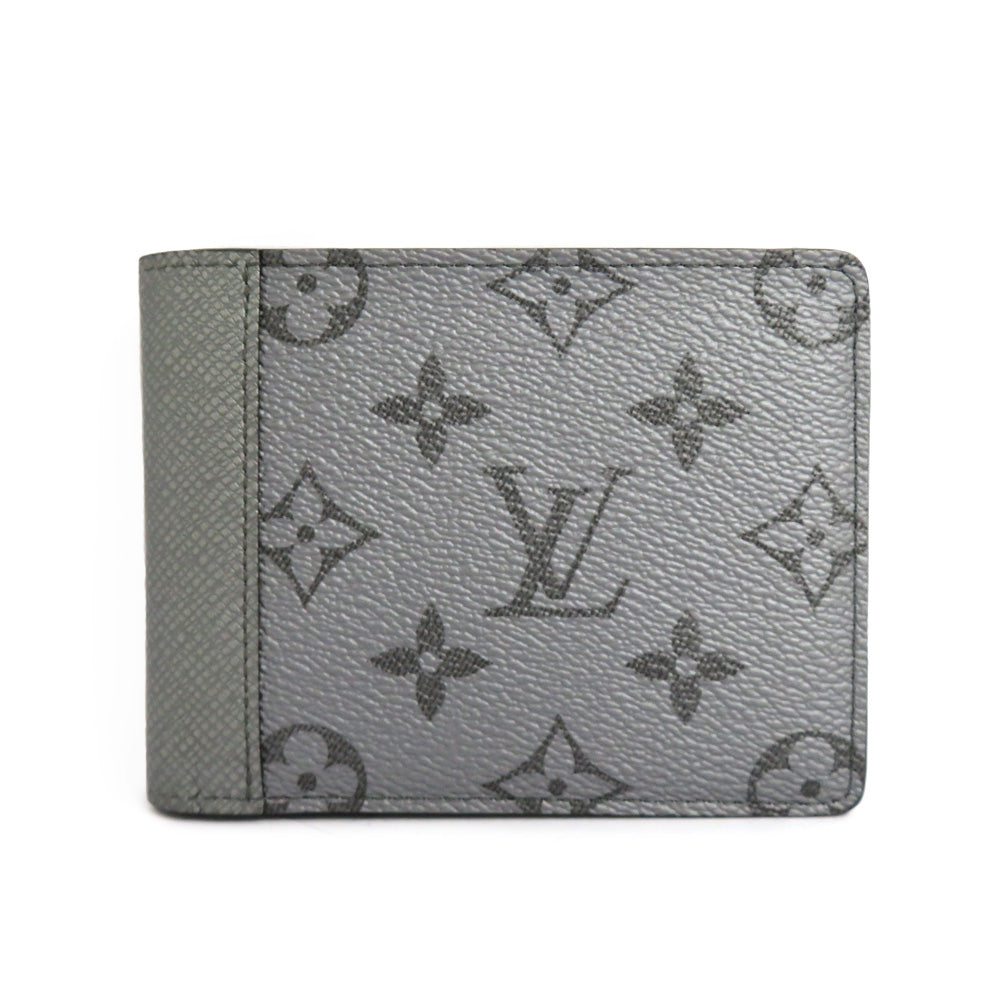 Louis Vuitton Portefolio Multipur M30843  Monogram Taiga Double Fold Wallet Silver Gr Card Compact Coinless Leather Mens Unisex