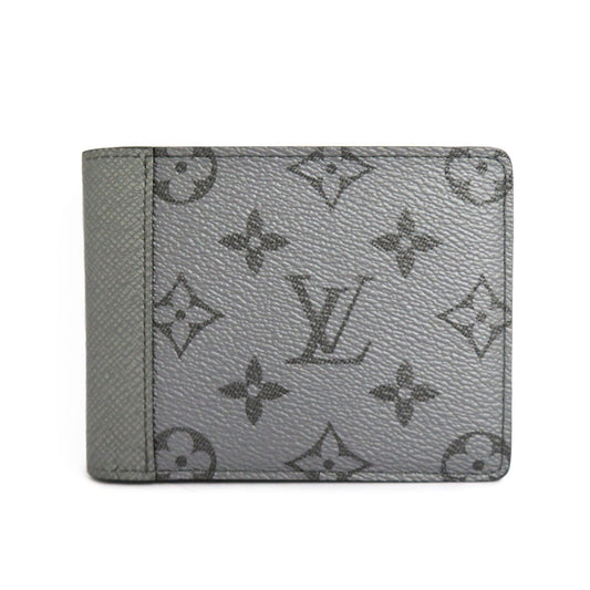Louis Vuitton Portefolio Multipur M30843  Monogram Taiga Double Fold Wallet Silver Gr Card Compact Coinless Leather Mens Unisex
