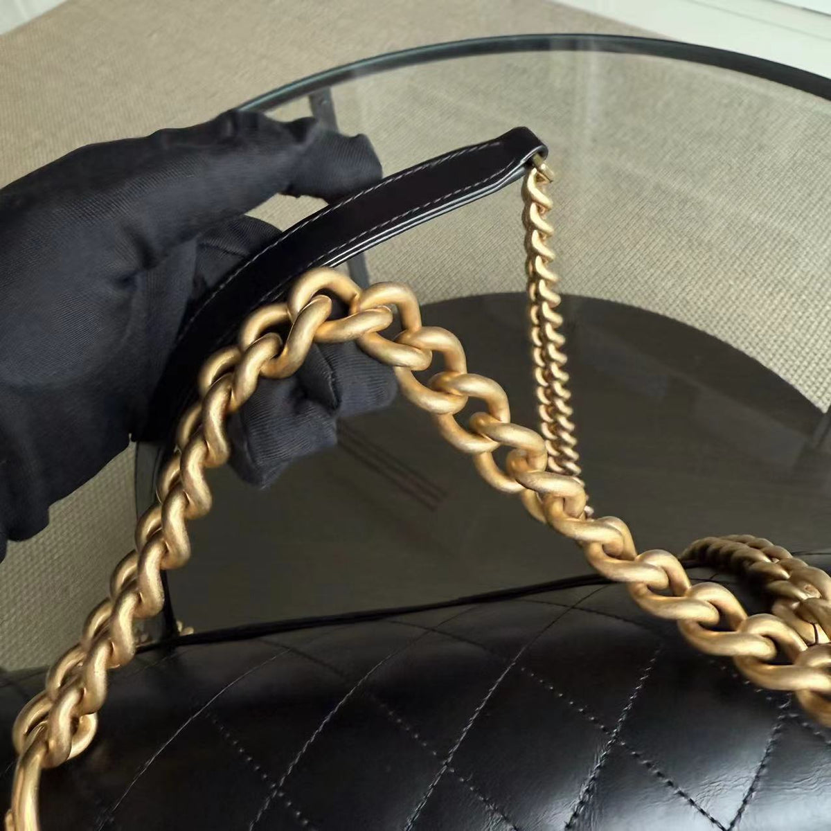 Chanel Seasonal Flap Jumbo - 30CM Glazed Calfskin Quilted Straight Line Black Gold Hardware Series 23