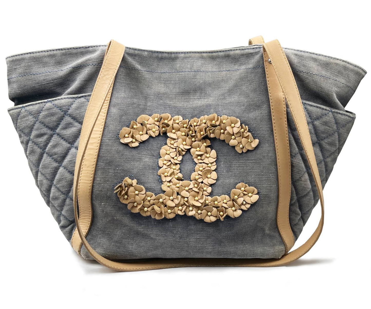 CHANEL Washed Denim Leather CC Flower Tote Crossbody