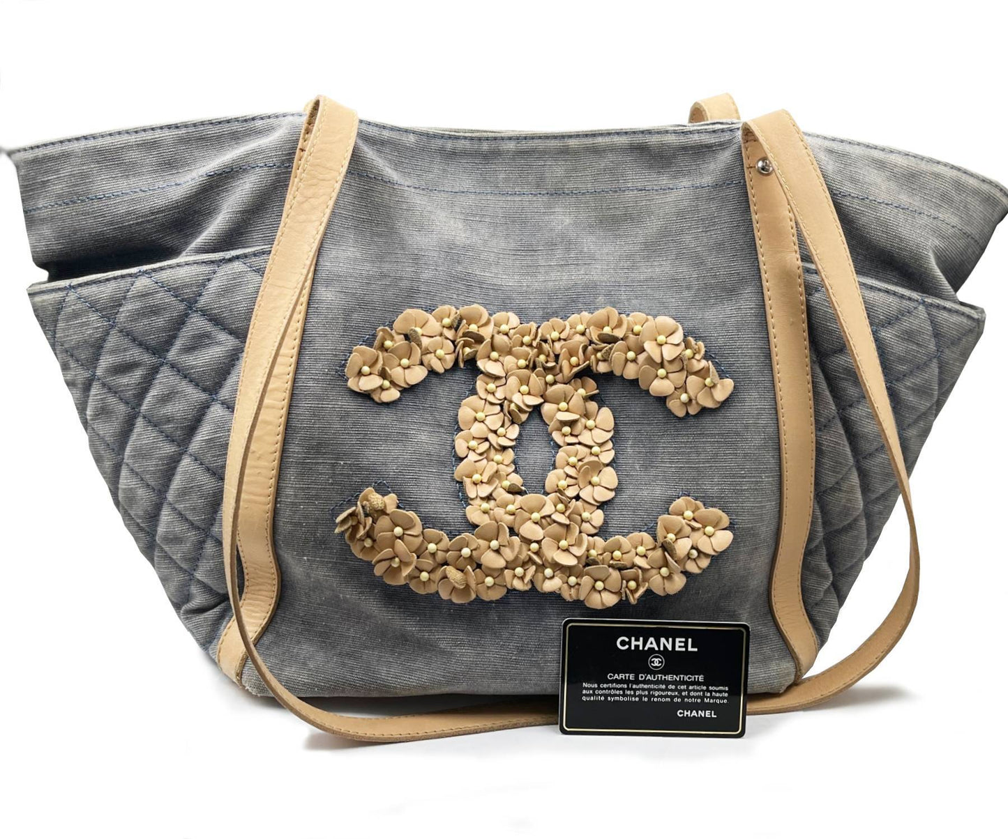 CHANEL Washed Denim Leather CC Flower Tote Crossbody