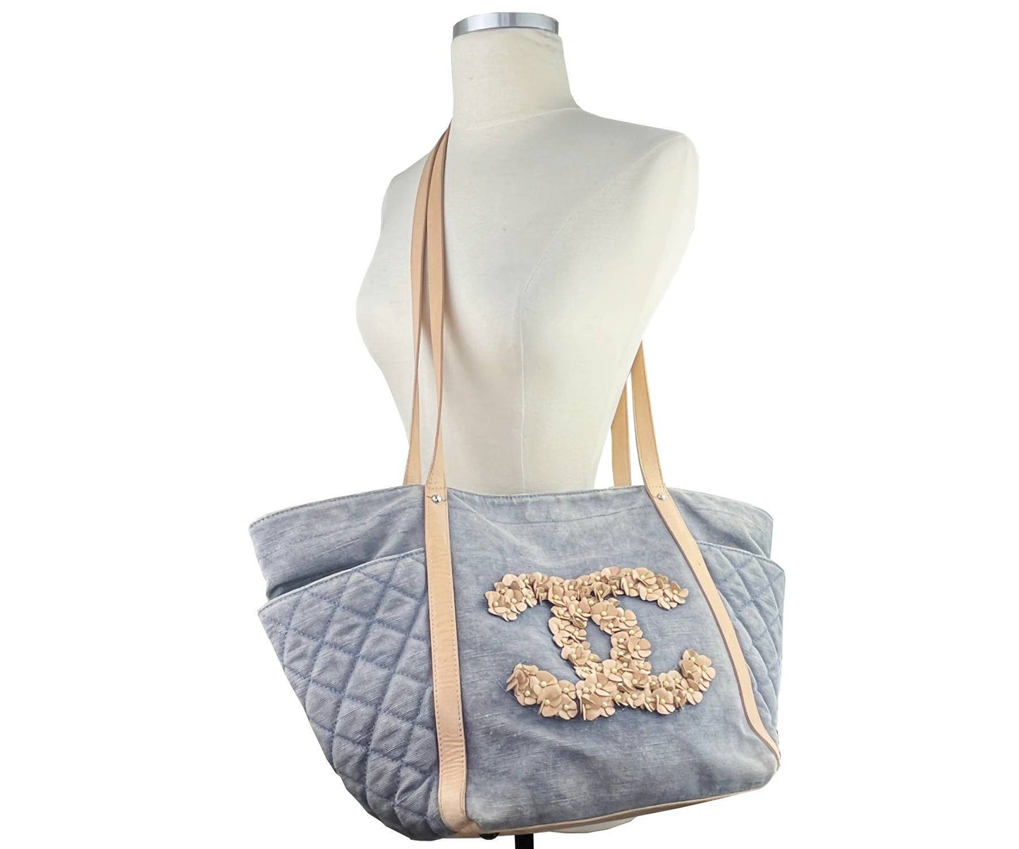 CHANEL Washed Denim Leather CC Flower Tote Crossbody