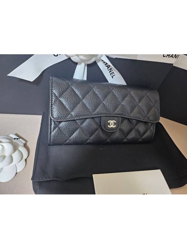 Silver Hardware Classic Caviar CC Logo Flap Long Wallet Black Chanel