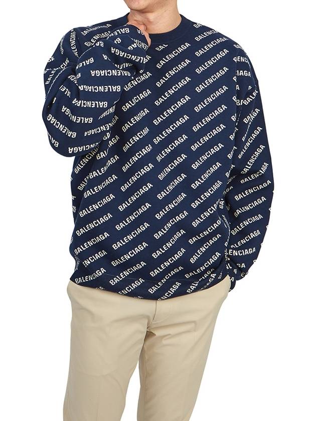 Luxury Balenciaga  Allover Logo Crew Sweatshirt Navy