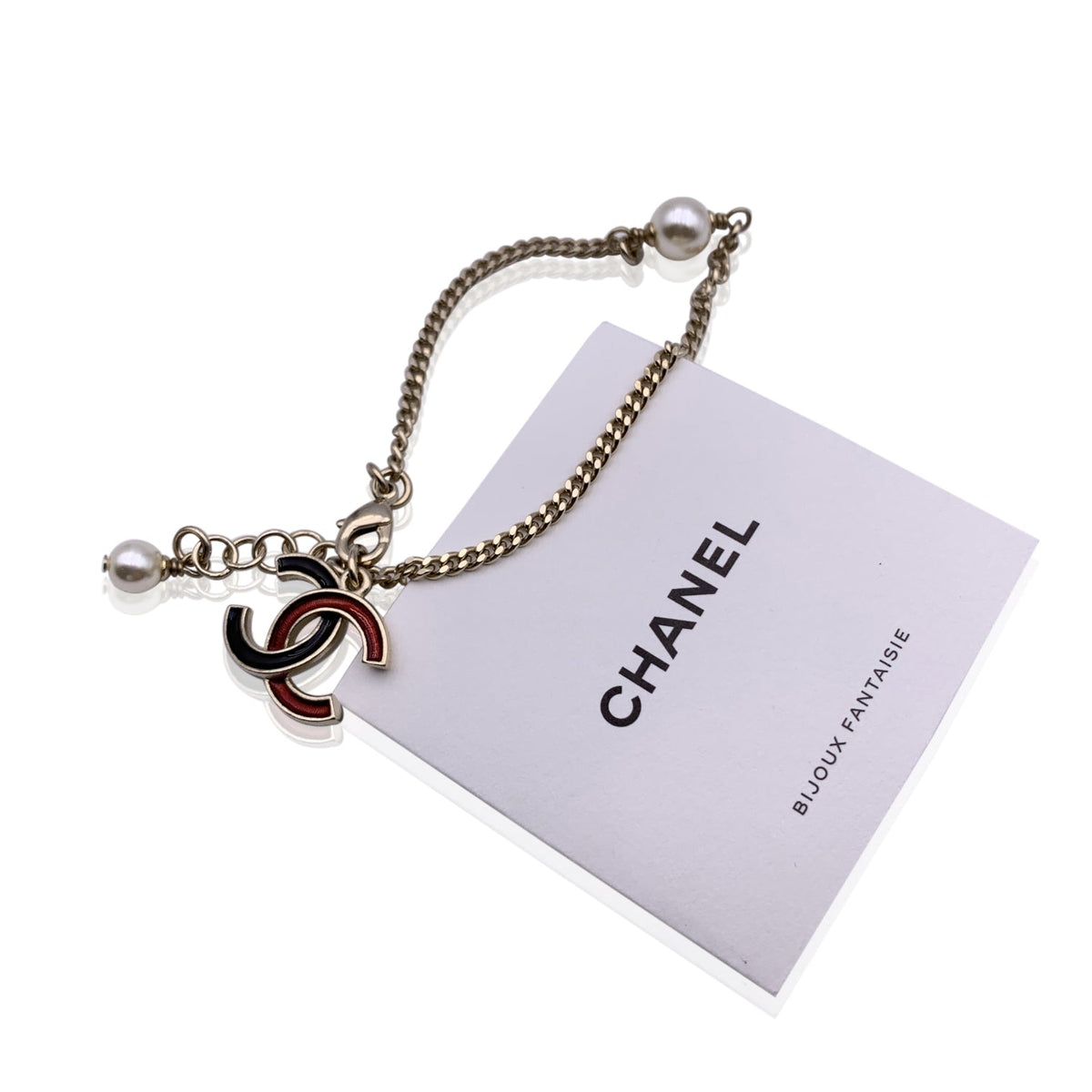 Top Quality Chanel Light Gold Metal Black And Red Enamel Cc Logo Chain Bracelet
