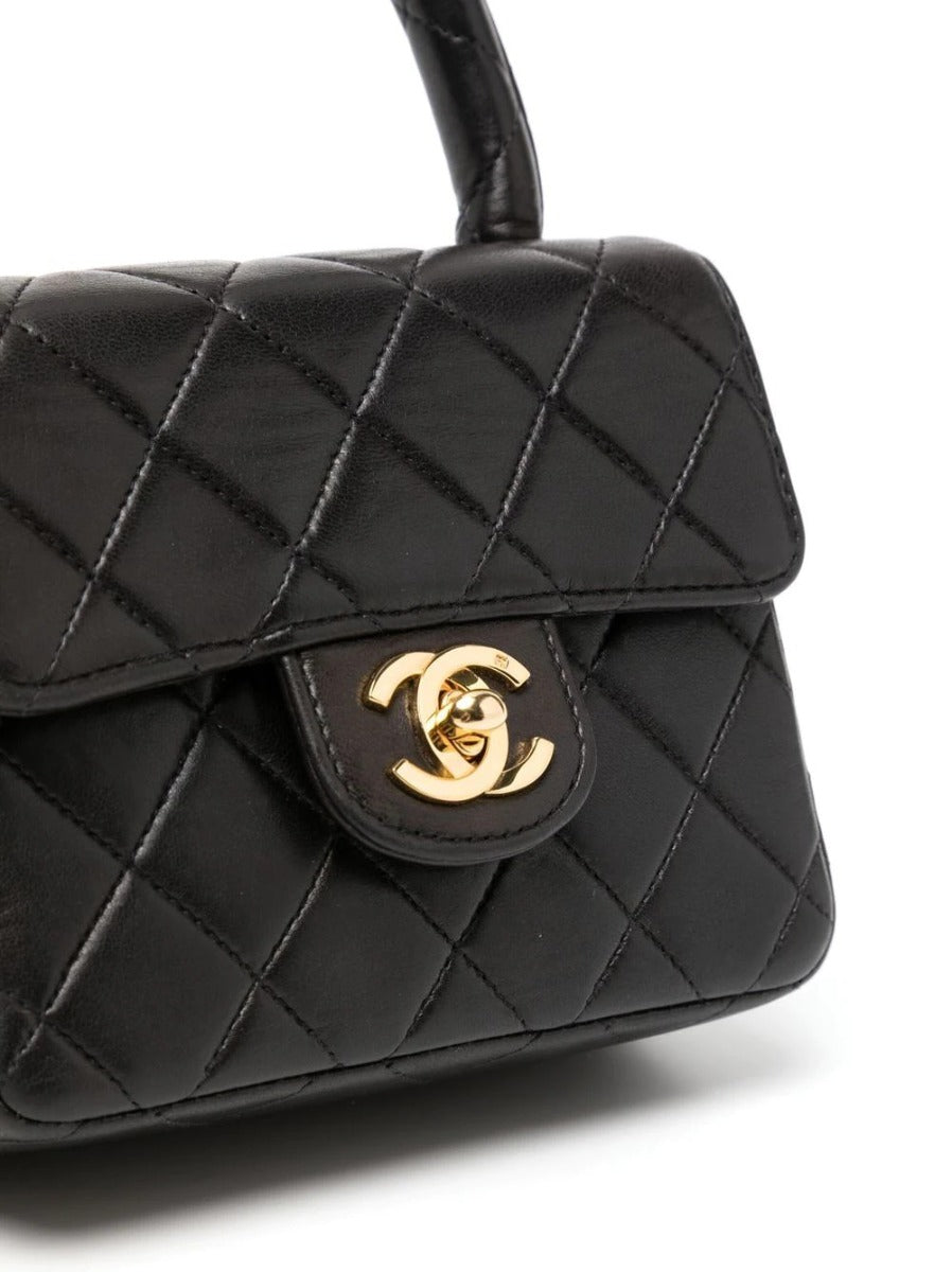 Black Lambskin Kelly Quilted Mini Flap