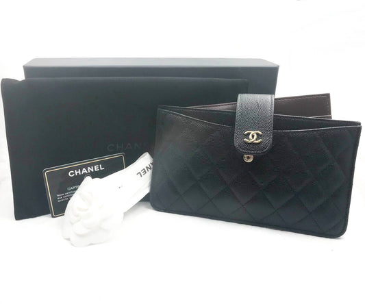 CHANEL Classic Black Caviar 2 Set Pouch Long Wallet