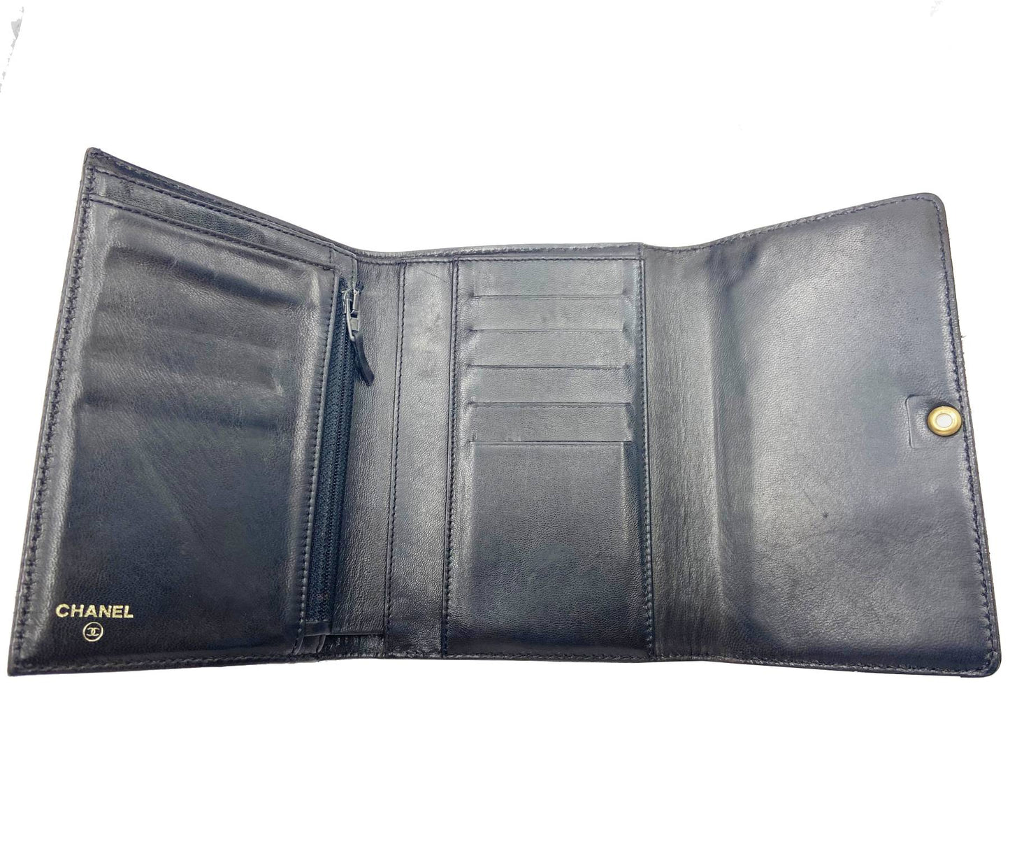 Top Quality Chanel Gold CC Black Caviar Tri-Fold Wallet