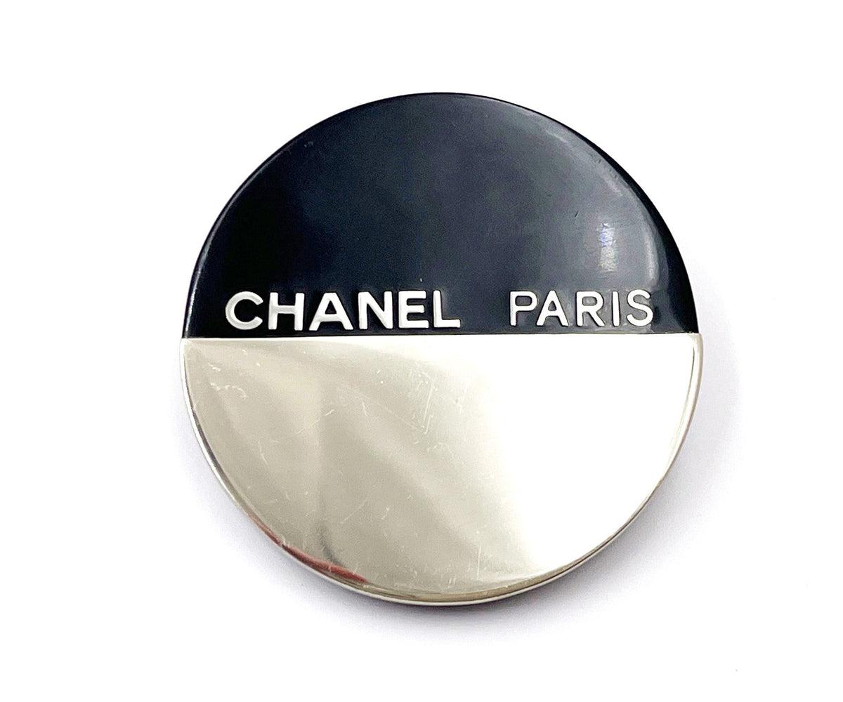 CHANEL Silver Black CC Half Half Round Brooch