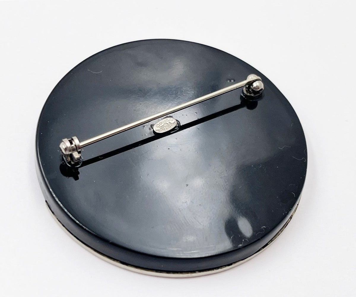 CHANEL Silver Black CC Half Half Round Brooch