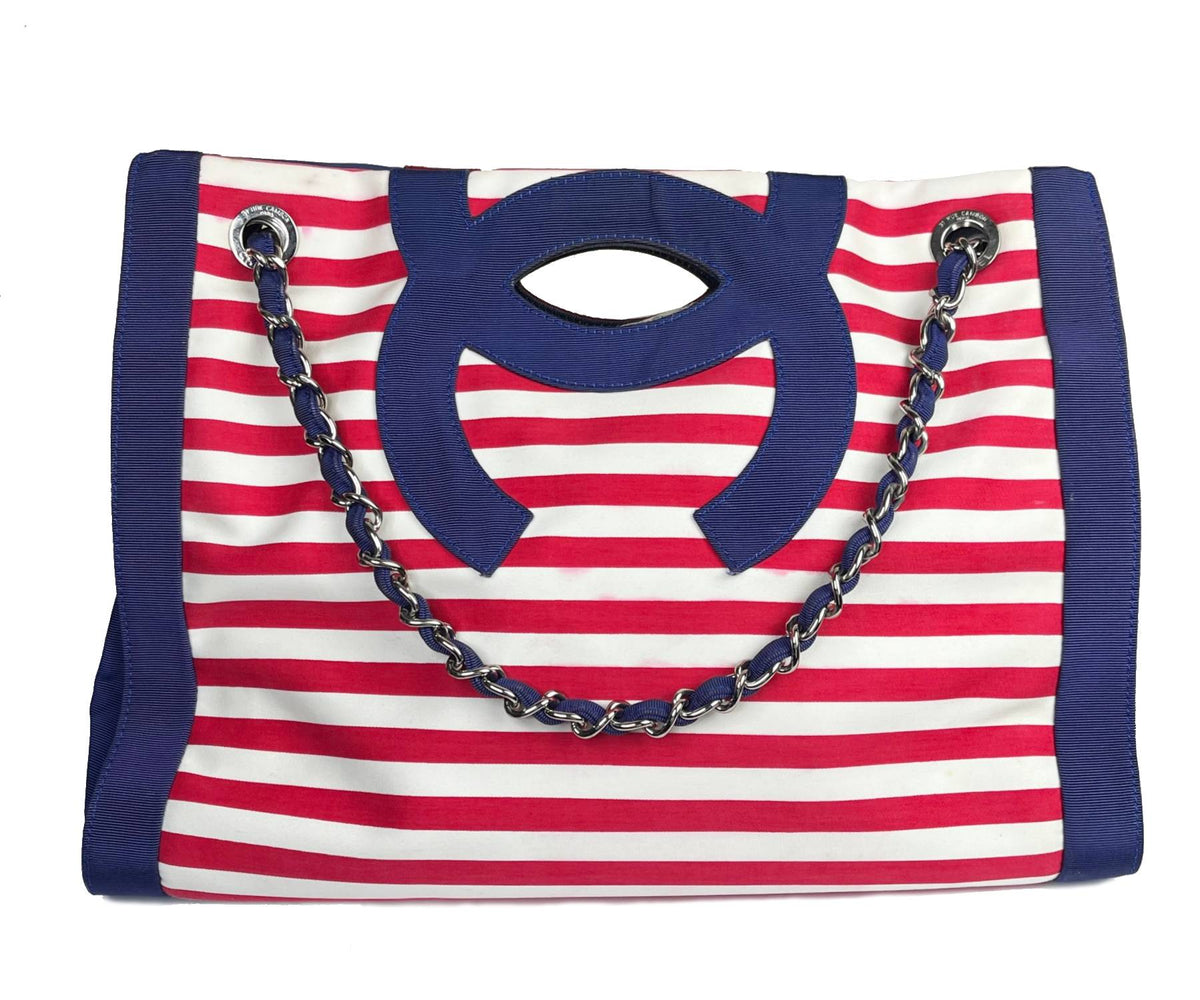 CHANEL Rare Blue Red CC Handle Stripe 3 way Bag