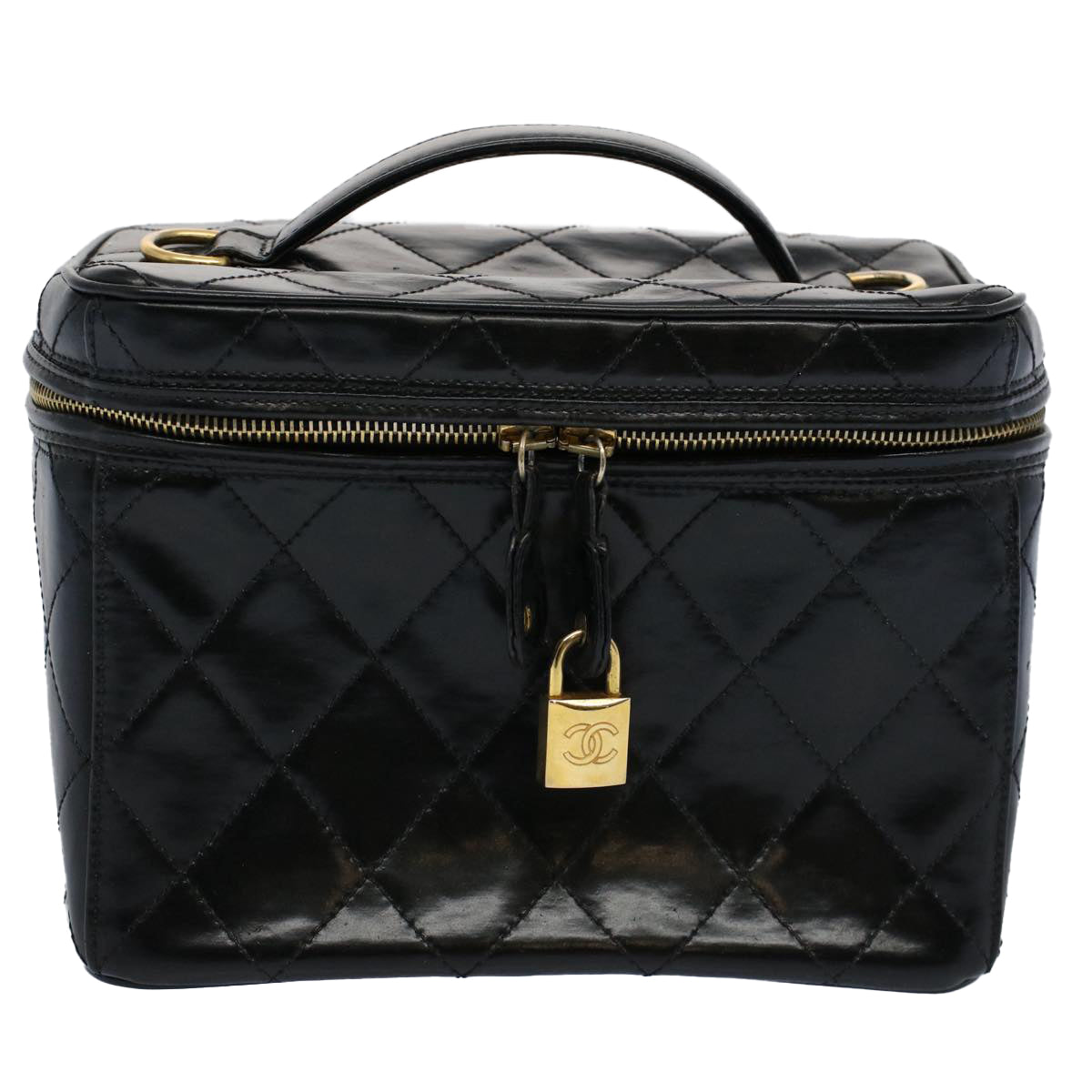CHANEL Vanity Cosmetic Pouch Patent leather Black CC Auth bs10201