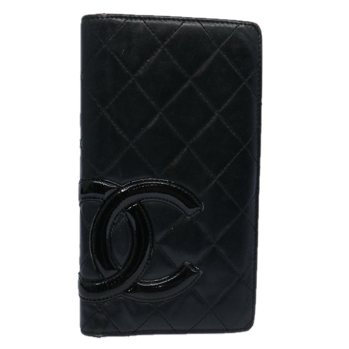 CHANEL Cambon Line Long Wallet Leather Black CC Auth bs10747