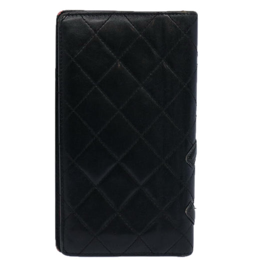 CHANEL Cambon Line Long Wallet Leather Black CC Auth bs10747