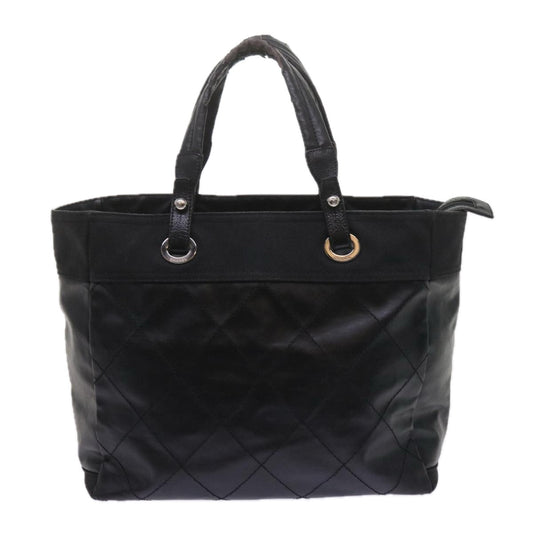CHANEL Paris Biarritz MM Tote Bag Coated Canvas Black CC Auth bs10905