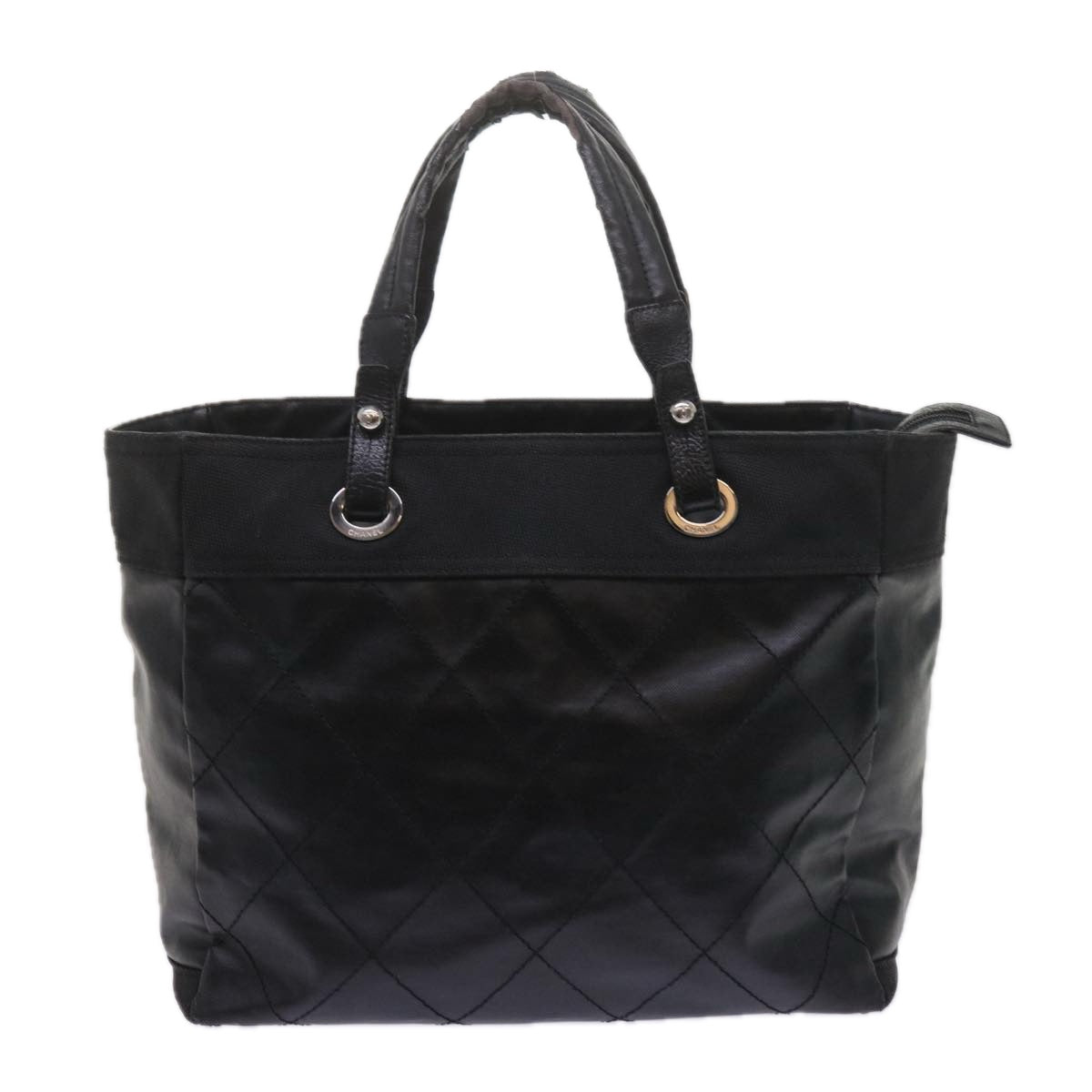 Top Quality Chanel Paris Biarritz MM Tote Bag Coated Canvas Black CC Auth bs10905