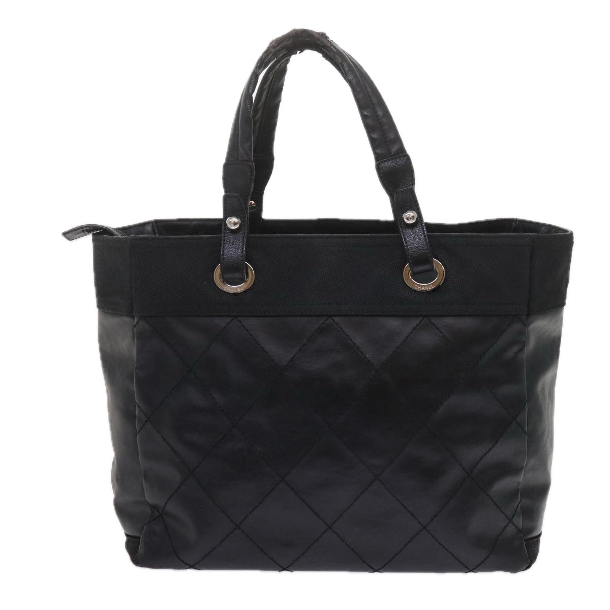 CHANEL Paris Biarritz MM Tote Bag Coated Canvas Black CC Auth bs10905