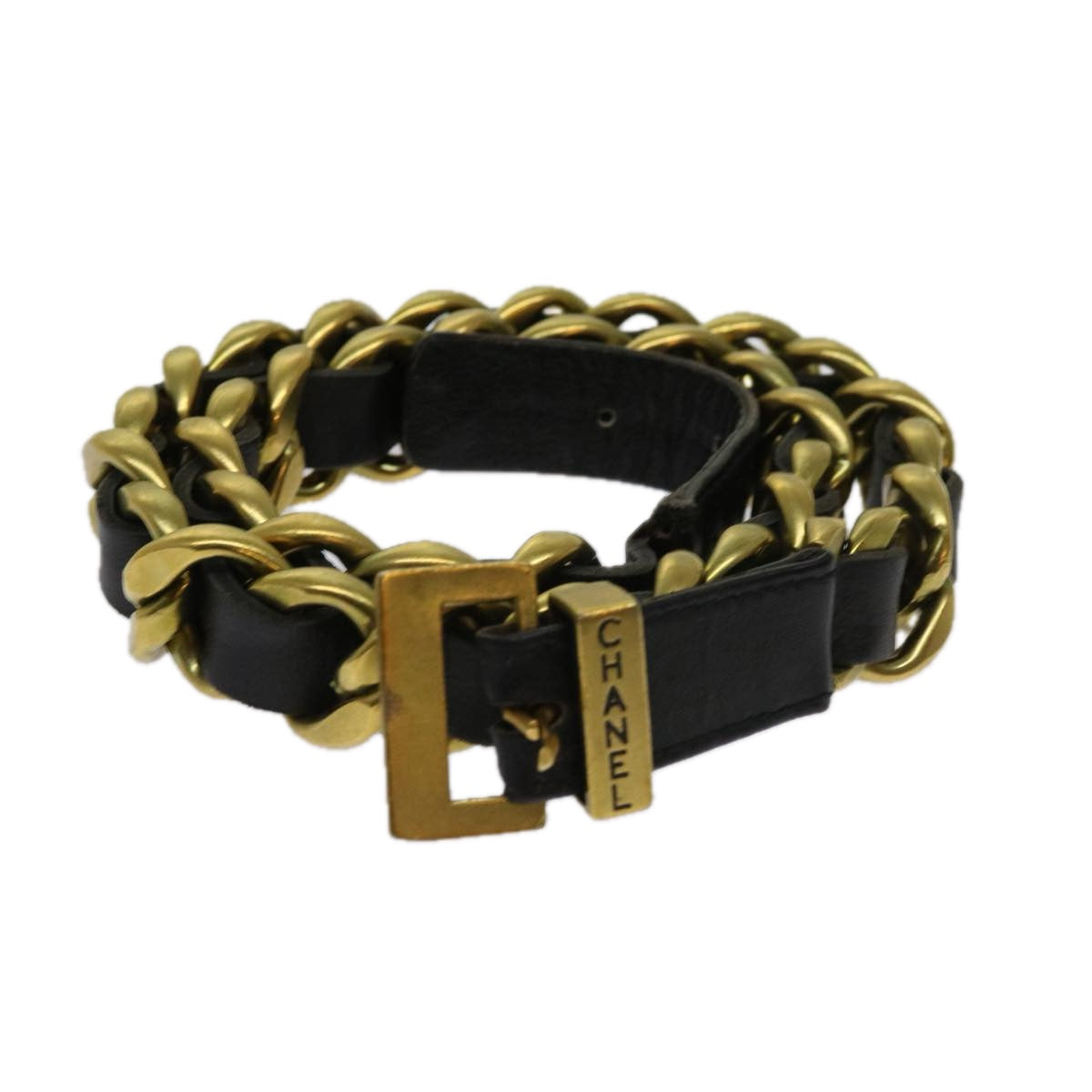 CHANEL Belt Leather 25.6"-27.6" Gold Tone Black CC Auth bs11333