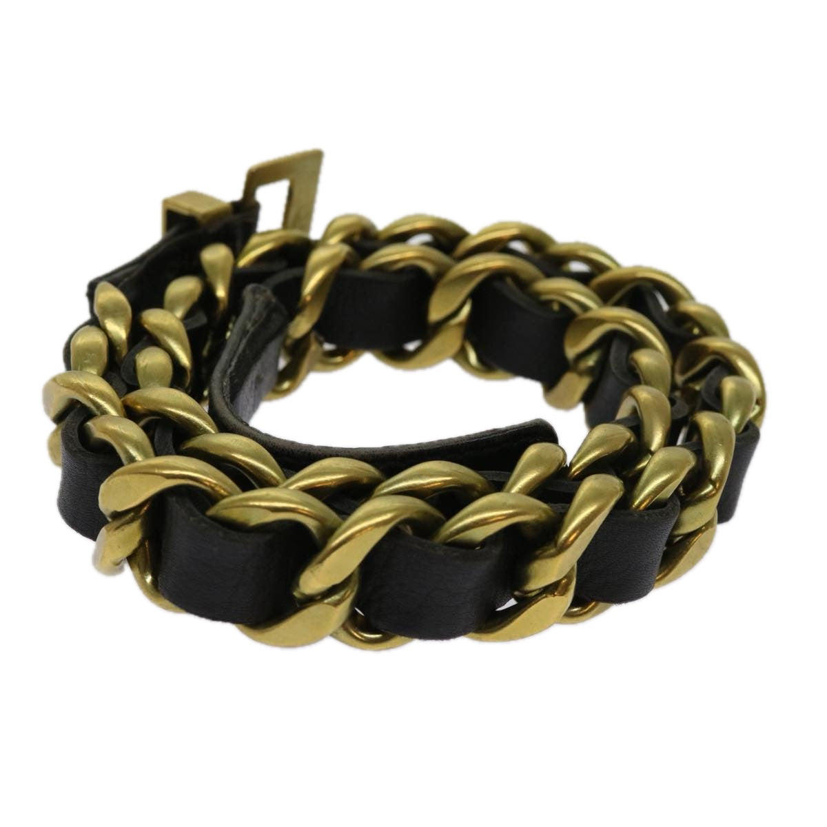 CHANEL Belt Leather 25.6"-27.6" Gold Tone Black CC Auth bs11333