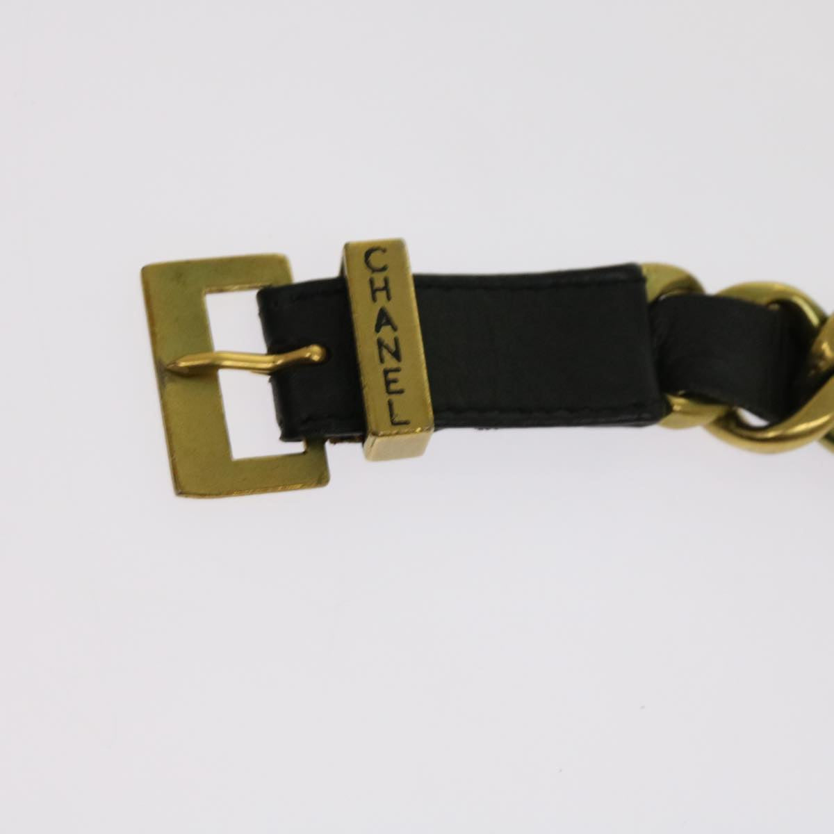 CHANEL Belt Leather 25.6"-27.6" Gold Tone Black CC Auth bs11333