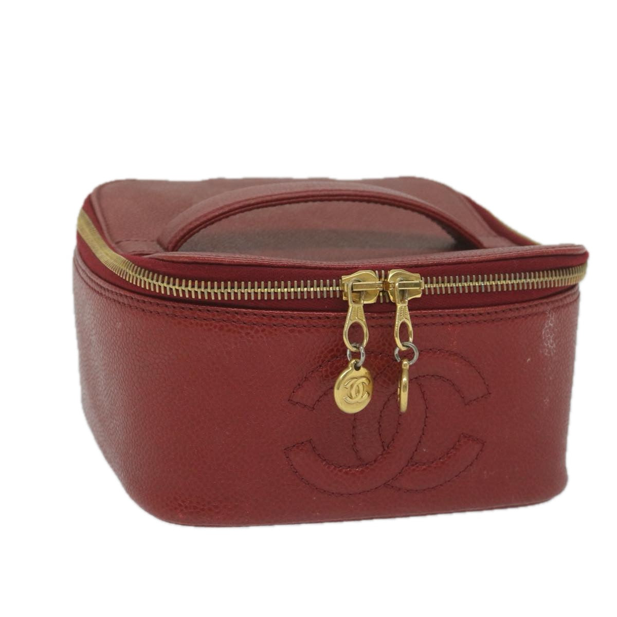 CHANEL Vanity Cosmetic Pouch Caviar Skin Red CC Auth bs11470