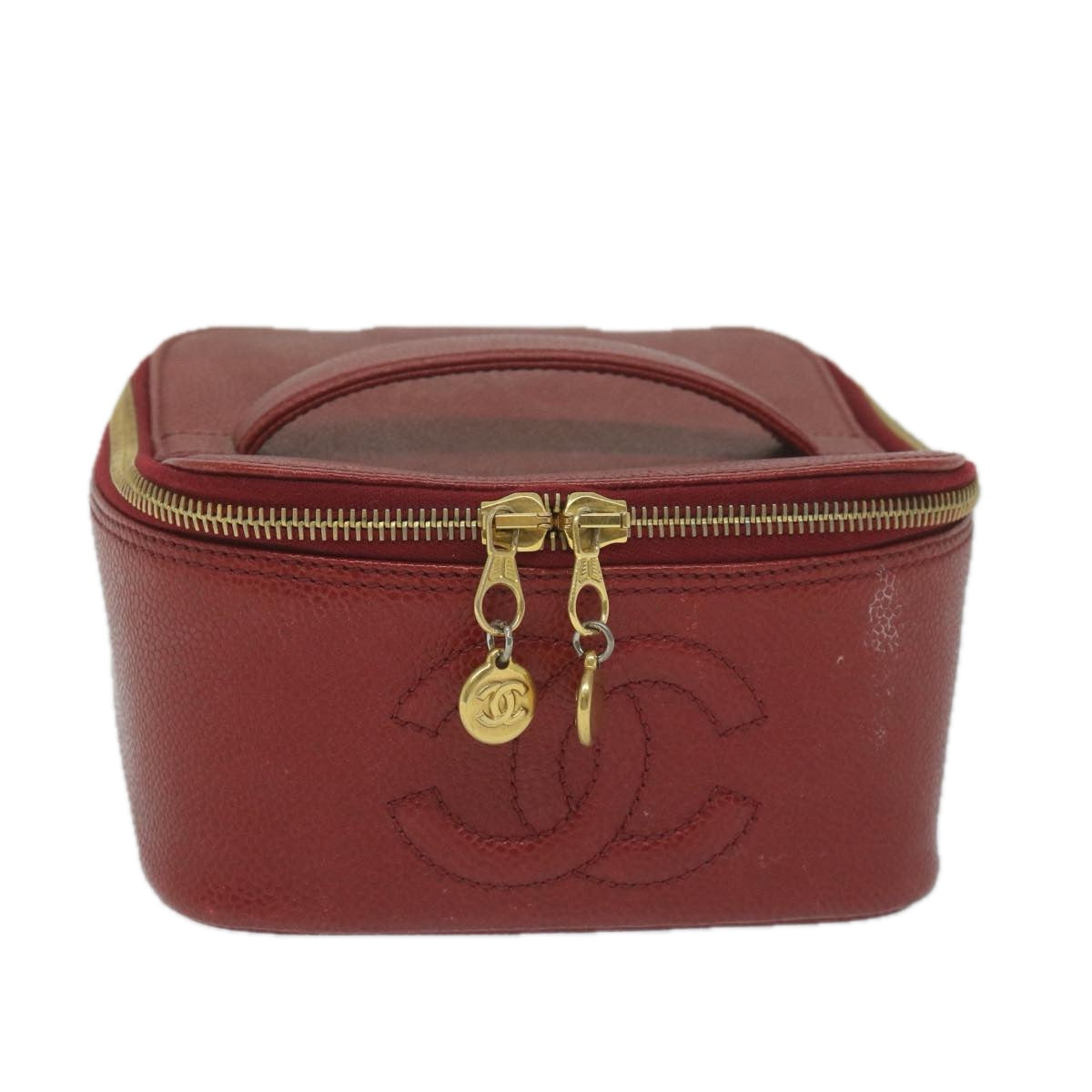 CHANEL Vanity Cosmetic Pouch Caviar Skin Red CC Auth bs11470