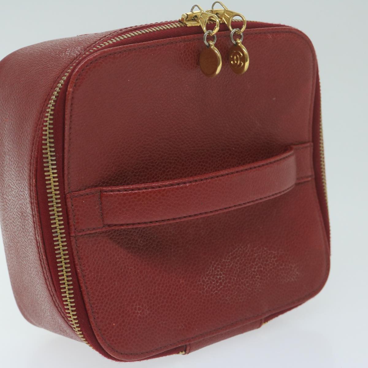 CHANEL Vanity Cosmetic Pouch Caviar Skin Red CC Auth bs11470